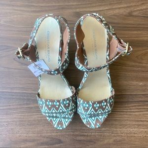 Turquoise & Brown Patterned Wedged Sandals